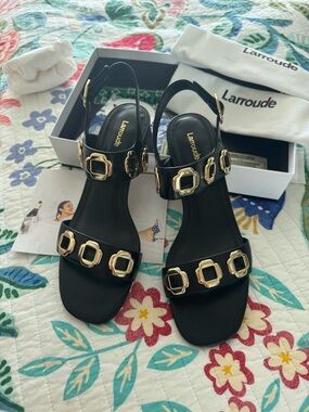 BRAND NEW Larroude Milan Black Sandals with Gold Buckle Detail